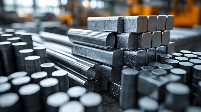 3D-rendering einer Auswahl verschiedener Metallprofile aus Aluminium und Stahl als Bau- oder Werkstoff im Lager eines Gro&szlig;h&auml;ndlers oder Bauemarkts