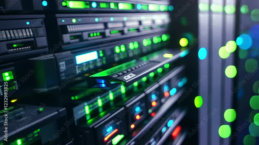 Poster a modern data center showcasing rows of high-performance servers, bathed in a digital green and blue