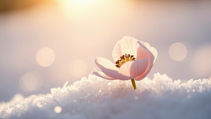 As winter retreats, the first signs of spring in nature &ndash; melting snow, blooming flowers, and warm sunlight illuminating green fields and mountain slopes