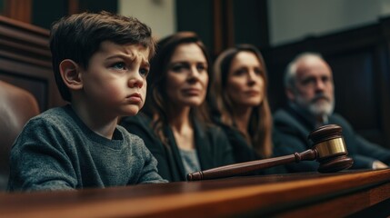 Fototapeta premium Sad boy sitting at a table in the background of his parents.