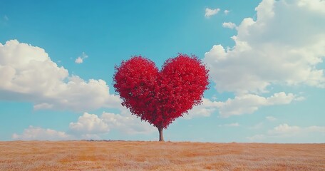 Romantic Red Tree in a Heart-Shaped Field &ndash; Valentine's Day Fantasy Landscape