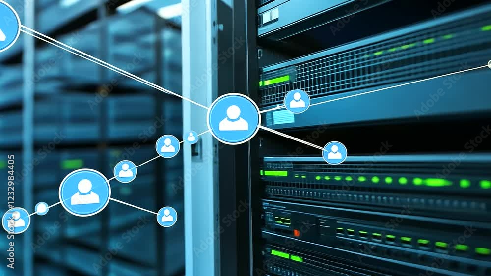 Poster a sleek server room in a high-tech data center with glowing blue and green led lights, representing 