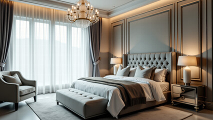 Bedroom with Plush Linen, Elegant Chandelier, and Luxurious Beige Furnishings