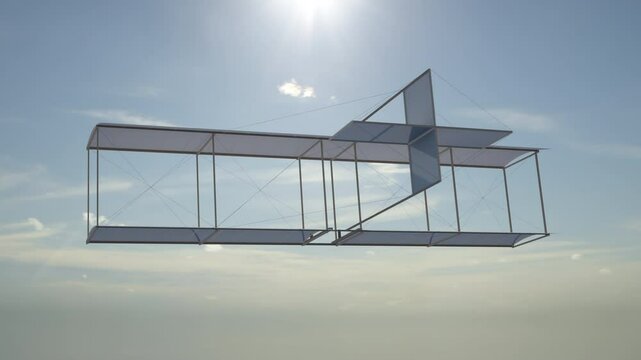 Vintage glider model made from cloth and wood flying during day. 3D animation.