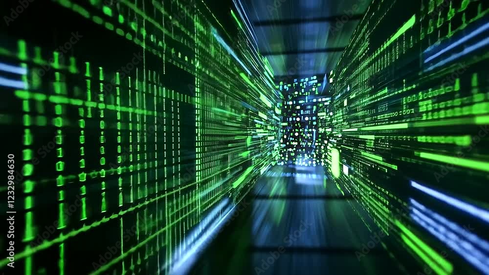 Aufkleber an advanced data center with high-performance servers glowing in vibrant green and blue led lighting