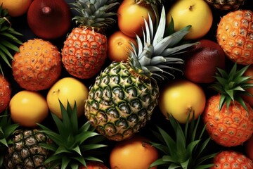 Fresh Tropical Fruits Mix on Green Background. Top View of Colorful Assortment of Ripe Pineapple and Other Tropical Fruit. Delicious Food Concept