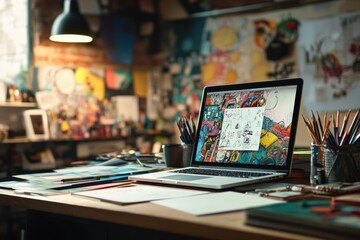 Vibrant creative corner with sketchpads, art supplies, and an open laptop. Generative AI
