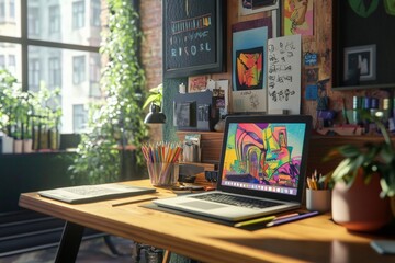 Vibrant workspace with creativity tools and inspiration for artistic endeavors. Generative AI