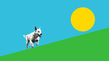 Illustration of a dog running on top of a hill ,sun shining in a mixed media style