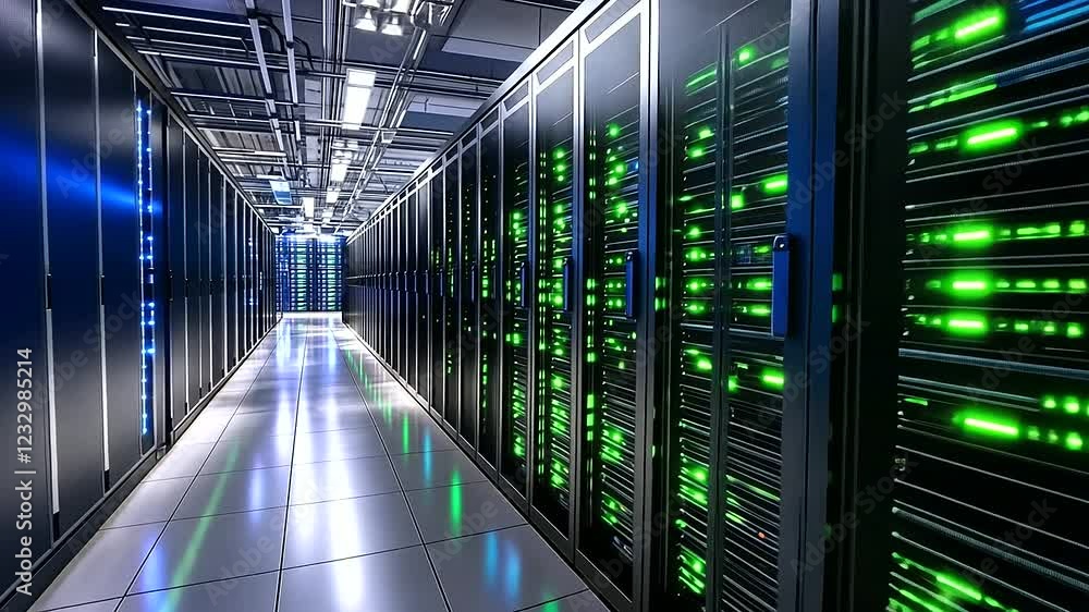 Poster a high-tech data center with glowing green and blue servers in a sleek and organized arrangement, re