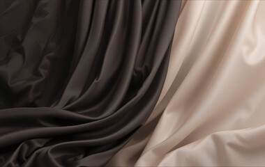 Obraz premium Black dark light pastel dusty pale soft brown sepia beige nude white abstract background. Silk satin fabric. Curtain drapery flowing line stripe. Gradient. Mocha mousse color 2025. Beautiful elegant.