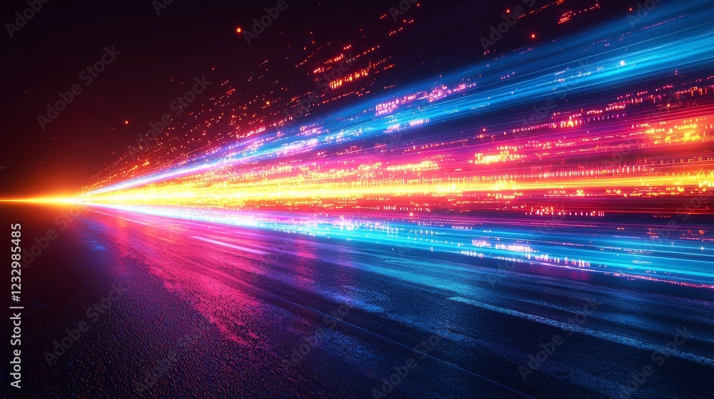 Poster abstract background featuring high-tech surfaces illuminated by neon rays progressing in motion. an 