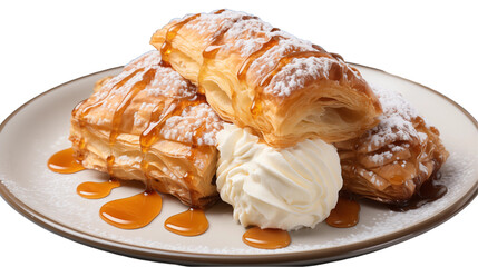 Pastry Dessert Golden Syrup Puffs with Whipped Cream, Sweet Baked Treat for Food Displays, isolated on transparent background.