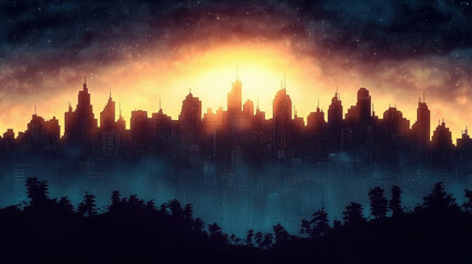 Scenic City Skyline Against Dramatic Sunset Over Silhouetted Horizon