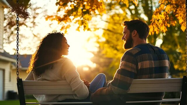 A young interracial couple relaxing on a porch swing in their front yard, with sunlight filtering through leafy trees, creating a serene atmosphere.