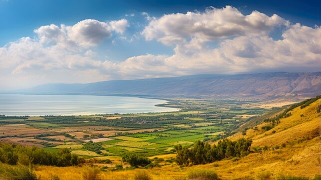 Galilee - A Spectacular Panoramic View of Israel's Lake from Mount of Beatitudes, Golan Heights