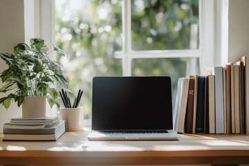 Minimalist home office workspace with greenery and natural light. Generative AI