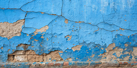 Fototapeta premium The surface features a striking blue color, with significant cracks revealing the underlying texture and layers. This urban wall tells a story of age and weathering in the environment