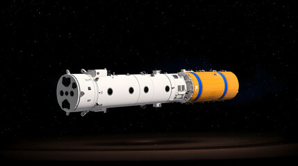 Spacecraft module orbiting Earth, against a starry backdrop.