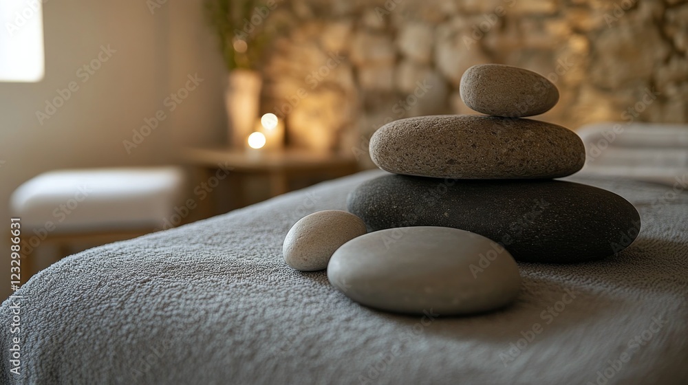 Poster stacked stones create a serene atmosphere near a tranquil water surface in a calming setting