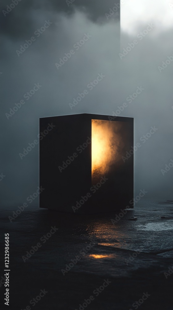 Poster mysterious glowing cube surrounded by swirling mist in a dark setting