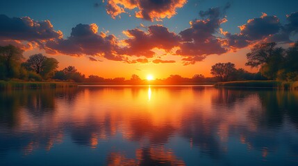 Obraz premium Sunset over calm lake, trees reflected, vibrant sky, nature