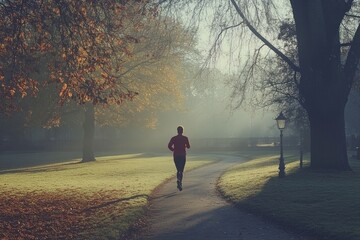 Fototapeta premium Morning jogger embraces nature as sunlight filters through trees in park. Generative AI
