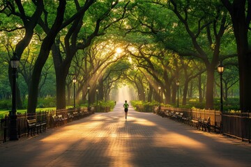 Obraz premium Morning jog through a sunlit park reveals peace and tranquility. Generative AI