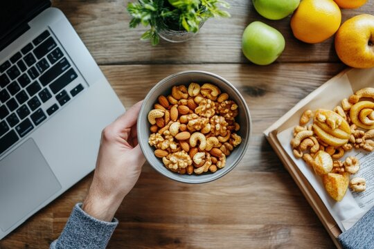 Quick office snack break with healthy nuts and fruits to boost energy. Generative AI