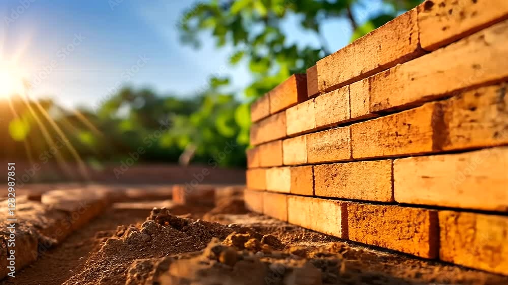 Poster red clay bricks neatly stacked on a pristine construction site, their uniform edges gleaming in the 