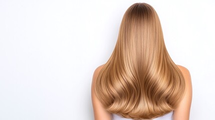 Naklejka premium Back view of young woman with long straight blonde hair, silky smooth texture, natural light, isolated on white background, minimalistic composition, haircare and beauty concept