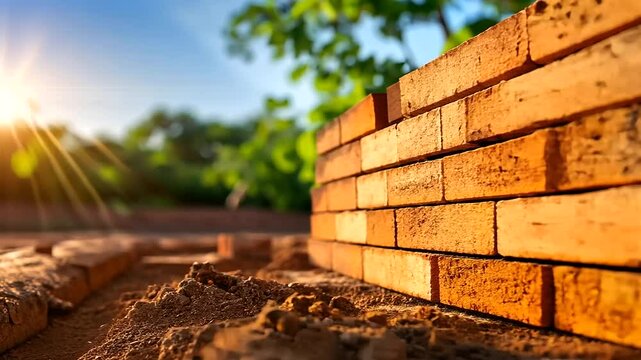 Red clay bricks neatly stacked on a pristine construction site, their uniform edges gleaming in the bright afternoon sun, symbolizing readiness for a building project.