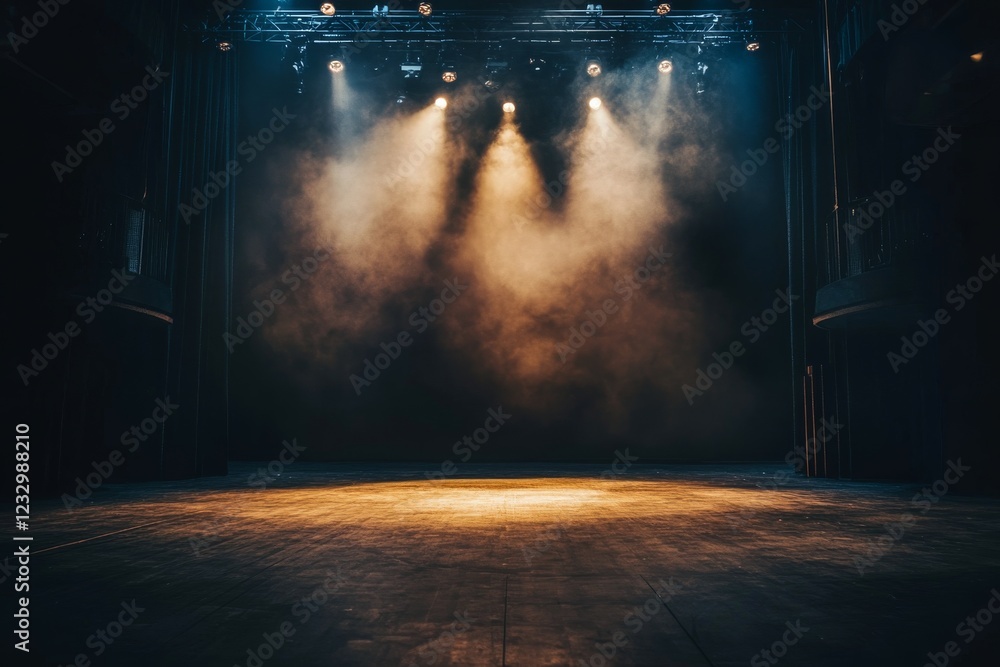 Poster spotlight illuminating an empty stage during a dramatic performance in a theater setting