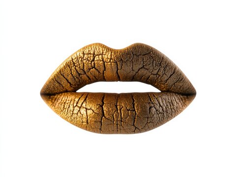 close up of cracked gold lipstick on lips isolated on white