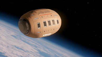 Spacecraft orbiting Earth, futuristic design, windows, technology.