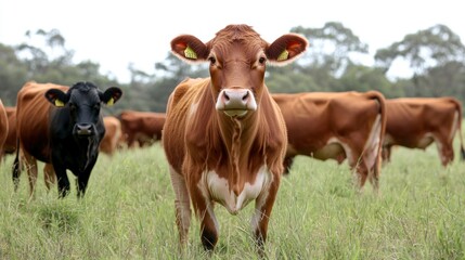Fototapeta premium Red And Black Cows Grazing In A Green Field