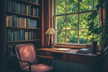 Serene study corner with desk, books, and a warm glow from the window. Generative AI
