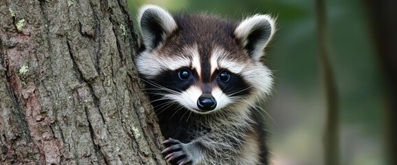 Fototapeta premium A young raccoon kit curiously peers from behind a tree trunk, showcasing its distinct markings and inquisitive nature in a vibrant forest setting under natural light