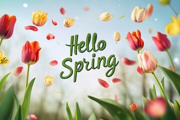Inscription of Hello Spring with beautiful tulip flowers on blurred nature background