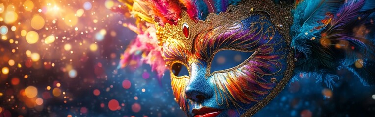 A dazzling carnival mask with bright colorful feathers and glittering accents, evoking joy and festivity.