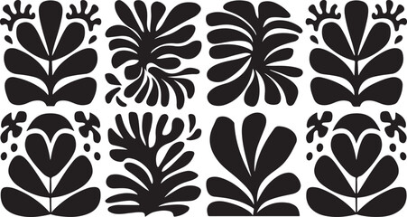 groovy floral botanical black background in trendy naive retro hippie 60s 70s style   Groovy abstract flower posters   Floral doodle patterns   silhouette abstract wavy flower   Vector in simple © Naimur creativehouse
