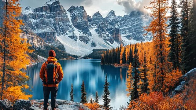 Autumnal Majesty: Hiker Contemplates the Breathtaking Scenery of a Mountain Lake 