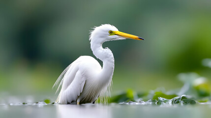 Great egret wading, wetlands, serene background, wildlife photography