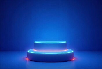 Glowing neon podium, abstract shiny blue cylinder pedestal podium