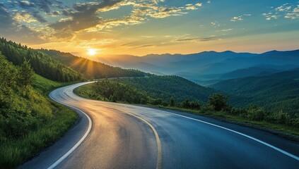 Naklejka premium Majestic Sunset Drive: Winding Road Through Mountain Ranges