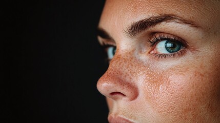 Extreme close-up of blue eye with freckles on cheek, isolated on pastel background, natural skin texture, detailed eye focus, beauty and dermatology concept

