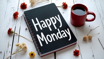 flat lay of a black notebook with the words "Happy Monday" written on it in white chalk. The notebook is placed on a white wooden surface with a red mug of coffee next to it.