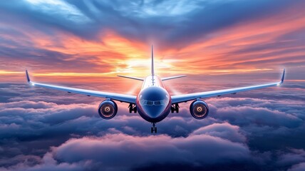 Jet flying altitude motion concept. A stunning airplane soars above fluffy clouds, illuminated by a vibrant sunset, showcasing the beauty of flight and travel.