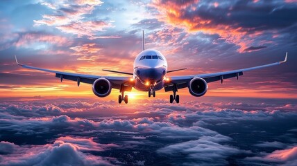 Fototapeta premium Jet flying altitude motion concept. A dramatic image of an airplane flying above clouds during a vibrant sunset, showcasing the beauty of air travel.