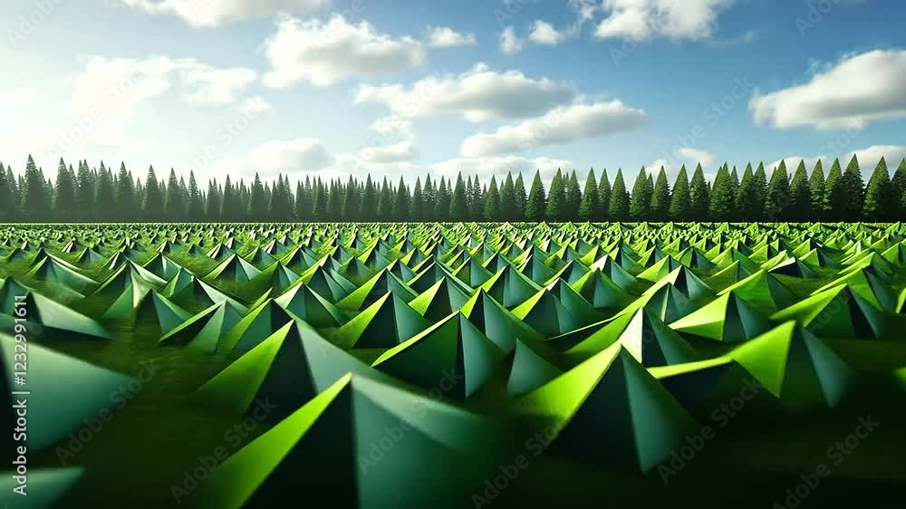 Poster a vibrant green low-poly triangle field showcases an interplay of sharp edges and smooth surfaces, i